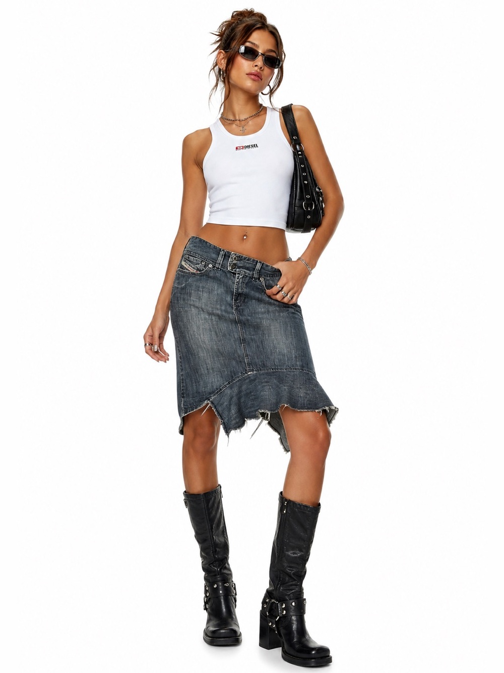 Diesel Distressed Dark Blue Denim Asymmetrical Skirt